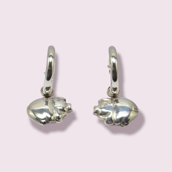 Boucles d'oreilles créoles en argent 925 - pendentif cochon