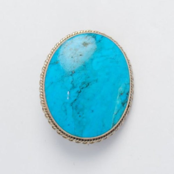 Broche turquoise amérindienne et argent - broche ovale - broche vintage - bijoux turquoise - bijoux vintage - broche argent - broches