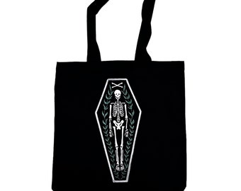 Vine-Skeleton-Coffin-Natural Burial-Memento Mori-Machine Embroidered-Black Canvas-Tote Bag