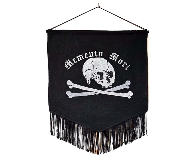 Memento Mori-Cemetery-Embroidered-Black Linen-Fringe-Banner