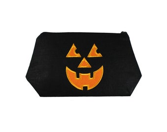 Happy Pumpkin- Halloween- Applique- Black Linen-Makeup Bag-Stash Bag