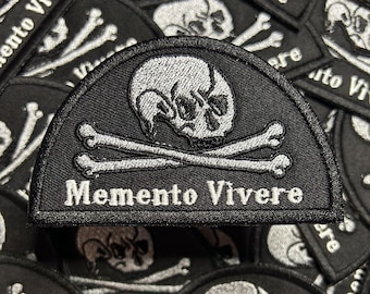 Memento Vivere-Remember To Live-Memento Mori-Skull and Crossbones-Embroidered-Silver-Black-Iron On-Sew On-Patch