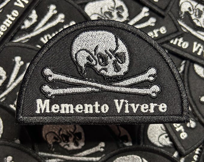 Memento Vivere-Remember To Live-Memento Mori-Skull and Crossbones-Embroidered-Silver-Black-Iron On-Sew On-Patch