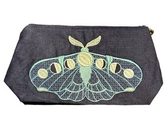 Moon Phase-Moth-Embroidered-Linen-Cotton-Zip Top-Stash Bag-Makeup Bag