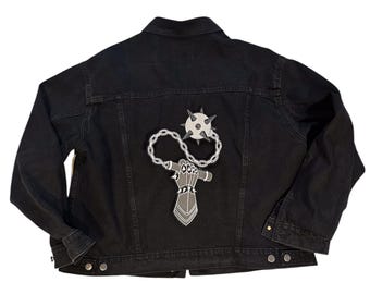Gauntlet- Flail- Medieval- Silver- Black- Machine Embroidered- Iron On- Sew On Back Patch