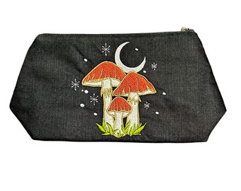 Mushroom Moon-Embroidered-Hand made-Cotton Lined-Stash Bag-Makeup Bag