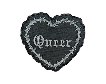 Queer-Barbed Wire-Embroidered-Iron On-Sew On- Heart Patch