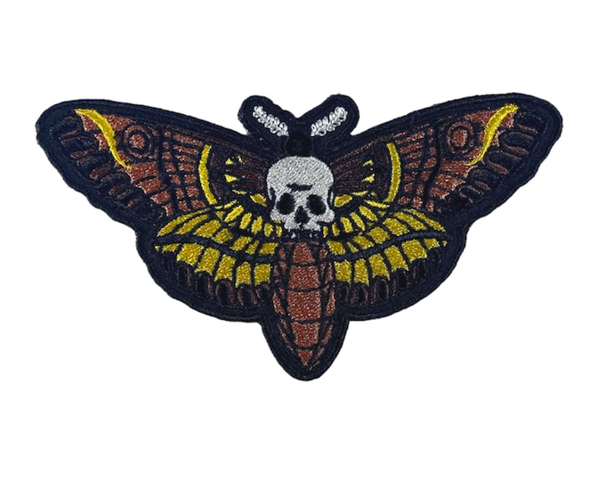 Featured listing image: Deaths Head Moth-Hawk Month-Tattoo Inspired-Machine Embroidered-Iron On-Sew On-Patch