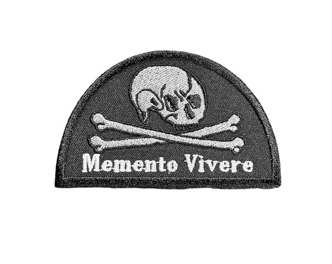 Featured listing image: Memento Vivere-Remember To Live-Memento Mori-Skull and Crossbones-Embroidered-Silver-Black-Iron On-Sew On-Patch