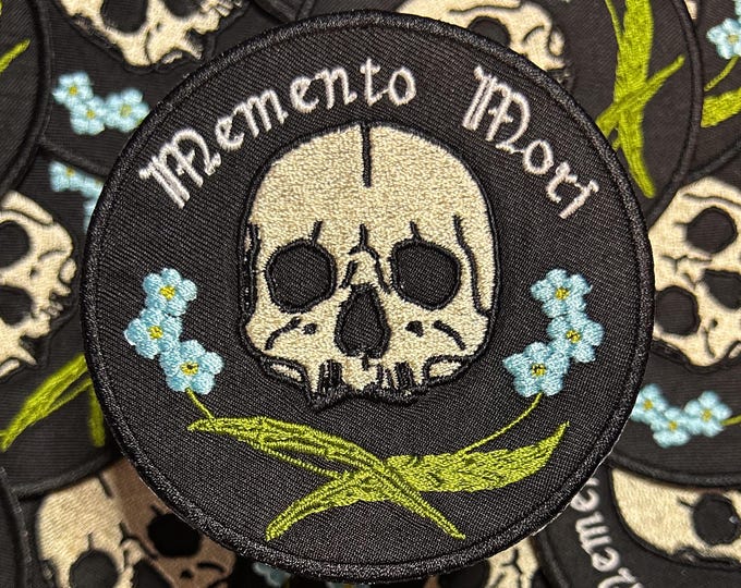 Memento Mori-Skull-Forget Me Nots-Floral-Embroidered-Iron On Patch