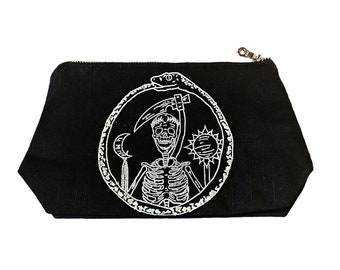 The Cycle-Ouroboros-Memento Mori-Black Fabric-Fully Lined-Machine Embroidered-Stash Bag-Make up Bag