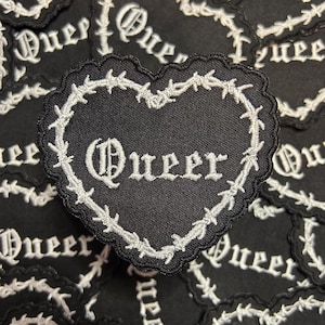 Queer-Barbed Wire-Embroidered-Iron On-Sew On- Heart Patch