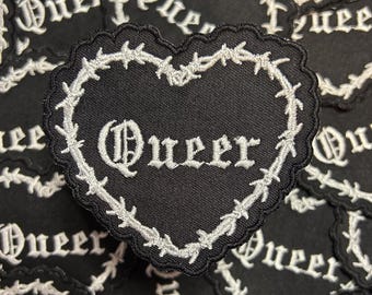 Queer-Barbed Wire-Embroidered-Iron On-Sew On- Heart Patch