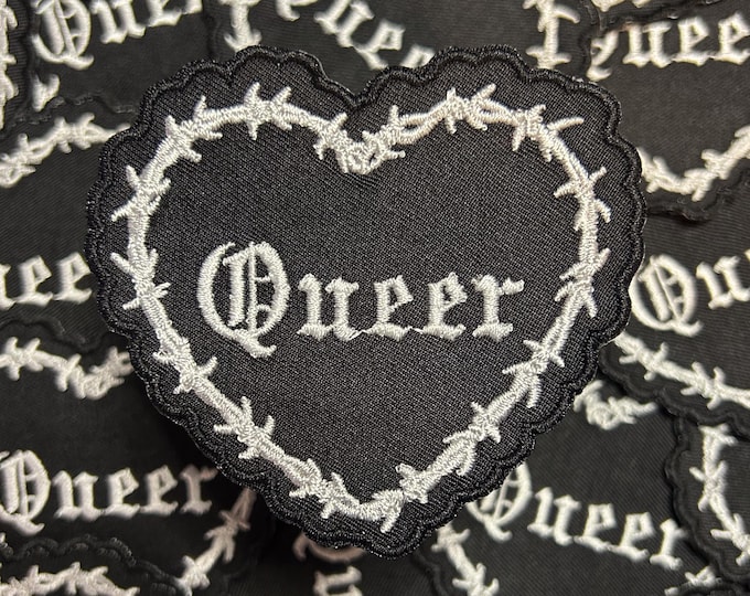 Queer-Barbed Wire-Embroidered-Iron On-Sew On- Heart Patch