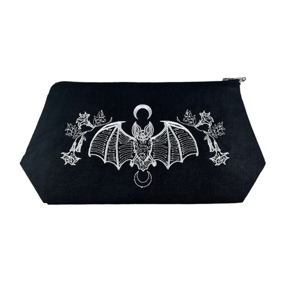 Bat-Moon-Angel Trumpet-Embroidered-Black Linen-Zip Top-Makeup Bag-Stash Bag