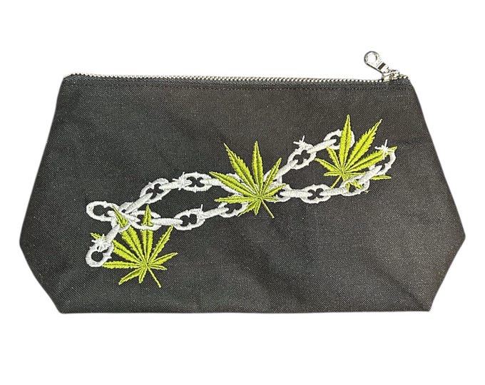 Sweet Leaf and Chains-Stash Bag-Embroidered- Zipper Top- Makeup Bag- Travel Bag