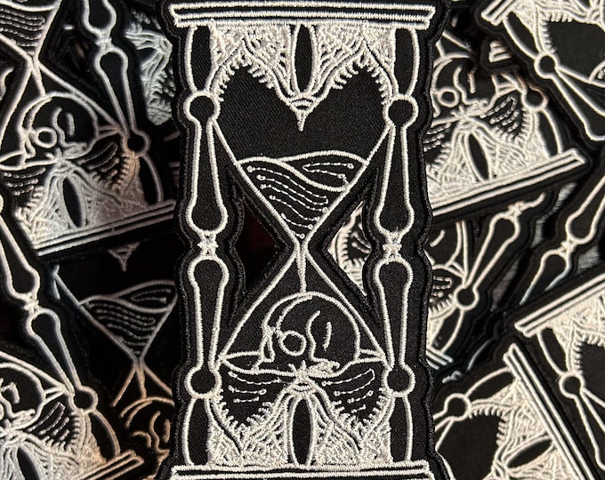 Hourglass-Black-White-Skull-Memento Mori-Iron On-Sew On Embroidered Patch