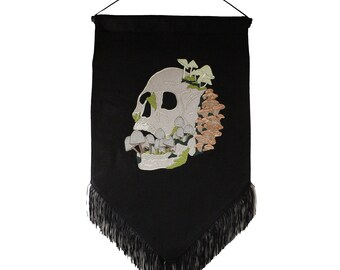 Mushroom Skull-Embroidered-Black Linen-Black Fringe-Handmade-Wall Hanging-Banner
