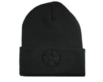 Black Pentagram-All Black-Embroidered-Knit-Winter Beanie