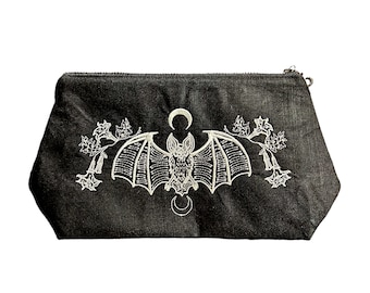 Bat-Moon-Angel Trumpet-Embroidered-Black Linen-Zip Top-Makeup Bag-Stash Bag