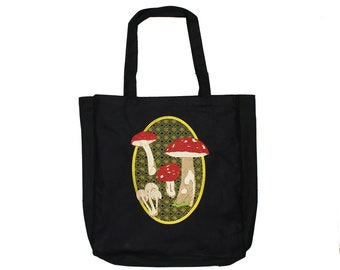 Golden Mushroom-Embroidered-Fully Lined-Large-Canvas-Reusable Tote Bag