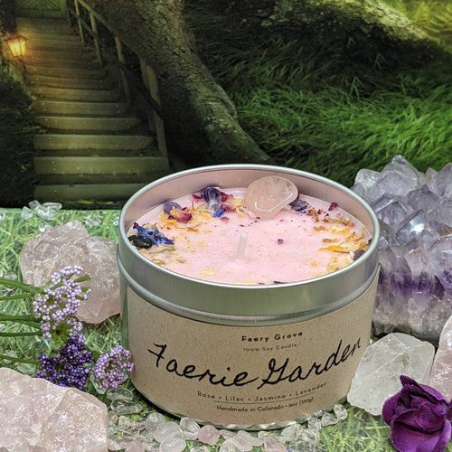 Faerie Garden ( Rose, Lilac, Jasmine, Lavender ) Lightly Scented Self Love Crystal Infused Soy Wax Intention Candle