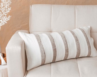 Off-White Striped Lumbar Pillow Cover, Neutral Tone Linen Cushion Case, Rectangle Bohemian Minimalist Decorative Sofa Pillowcase