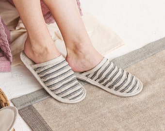 Cozy Natural Linen Slippers, Minimalist Unisex Comfortable Fabric Slippers, Home SPA Slippers, Indoor Non Slip Sole Black Travel Slippers