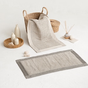 Bathroom Mat Made of Linen Cotton Blend Fabric, Terry Bath Mat