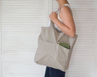 Linen Shoulder Bag With Pockets, Flax Market Bag, Cross Body Vegan Tote Bag For Women, Library bag