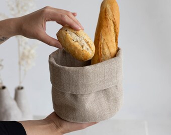 Linen bread basket, Organic Cloth storage bag, Fabric round bowl, Flax plant pot, Burlap restaurant bread bin, Small rustic table basket