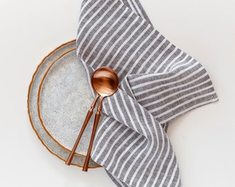 Gray Striped Linen Cloth Napkins Set of 2, Modern Grey Ticking Farmhouse Style Bulk Napkins, Minimalist Christmas Table Decor