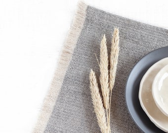 Linen Blend Fringed Placemats Set of 2, Elegant Washable Rectangle in Natural Black Table Mats, Cotton Fringe Farmhouse Cloth Placemats