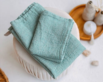 Aqua Green Large Body Bath Towel, Waffle Linen Hand Towels Set, Natural Soft Absorbent Beach Towel, Eco-Friendly SPA Sauna Towel