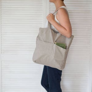 Linen Shoulder Bag With Pockets, Flax Market Bag, Cross Body Vegan Tote Bag For Women, Library bag