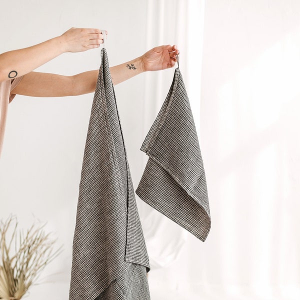 Serviette de bain gaufrée, grande couverture de plage en lin naturel noir, décoration de salle de bain absorbante végétalienne et respectueuse de l'environnement, serviette de toilette pour invités