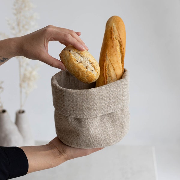 Linen bread basket, Organic Cloth storage bag, Fabric round bowl, Flax plant pot, Burlap restaurant bread bin, Small rustic table basket