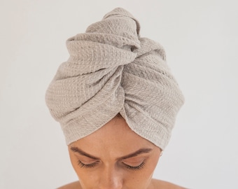 Turbante/asciugamano per capelli in lino a trama waffle