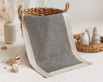 Linen Bathroom Rug Handmade Farmhouse Cotton Black Washable Natural Easy Dry Bath Mat Square Country House Bath Mat