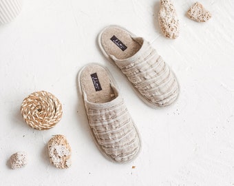 Natural Linen Slippers Comfortable Cotton Non Slip Sole Ivory Room Sauna Travel Slippers Terry cloth Organic Slippers