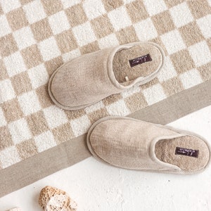 Linen Slippers Breathable Terry Cloth Non Slip Sole House Shoes Cute Handmade Natural Linen Bathroom Slippers image 1