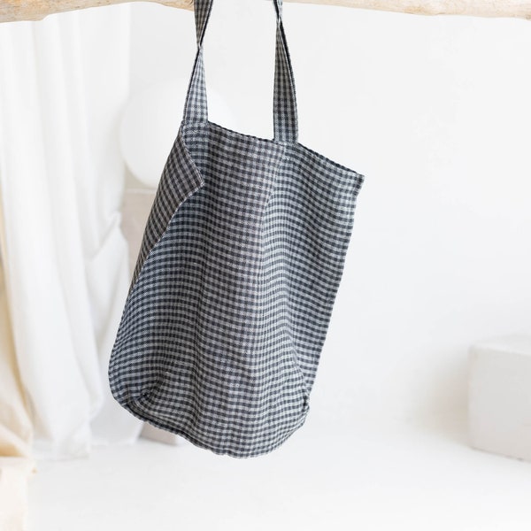 Linen Market Bag in Grey Black Checks Reusable Plaid Shopping Beach Library Bag Gingham Unisex Everyday Tote Bag