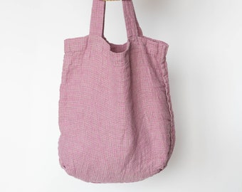 Pink Waffle Tote Bag, Pure Linen Shopper Library Bag, Shoulder Summer Beach Bag, Unisex Eco Friendly Market Bag