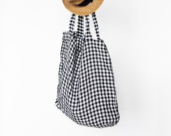 Checkered tote bag made of natural linen, Navy white shopper bag, Plaid fabric beach bag