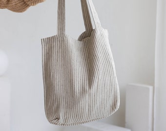 Linen shopping bag, Thin black stripe womens shoulder bag, Unisex reusable ticking market bag