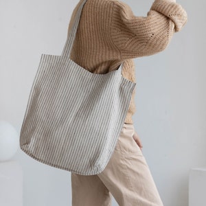 Linen shopping bag, Thin black stripe womens shoulder bag, Unisex reusable ticking market bag image 2