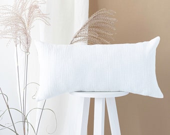 White Rectangular Lumbar Cushion, Linen Decorative Throw Pillow, Minimalist Textured Bedroom Pillowcase