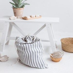 Linen grey striped 40x53 cm drawstring bag, Storage flax bag, Minimalist natural small laundry bag, Reusable organic storage bag Wide stripes