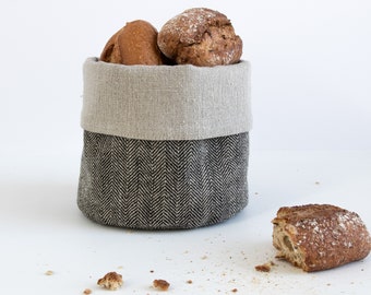 Black Linen bread basket, Herringbone fabric table décor bowl, Plant pot linen bag, Organic food storage, Flax box, Canvas yarn storage