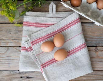 Farmhouse kitchen towels, Provence tea towel, Red stripe towel, Softened linen dishtowel, French country towel, Natural linen hand towel